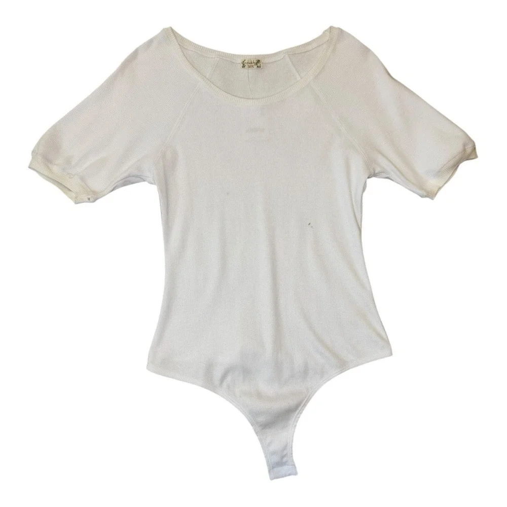 Free People Ribbed Knit Short Sleeve Bodysuit Thong White Medium New With Defect